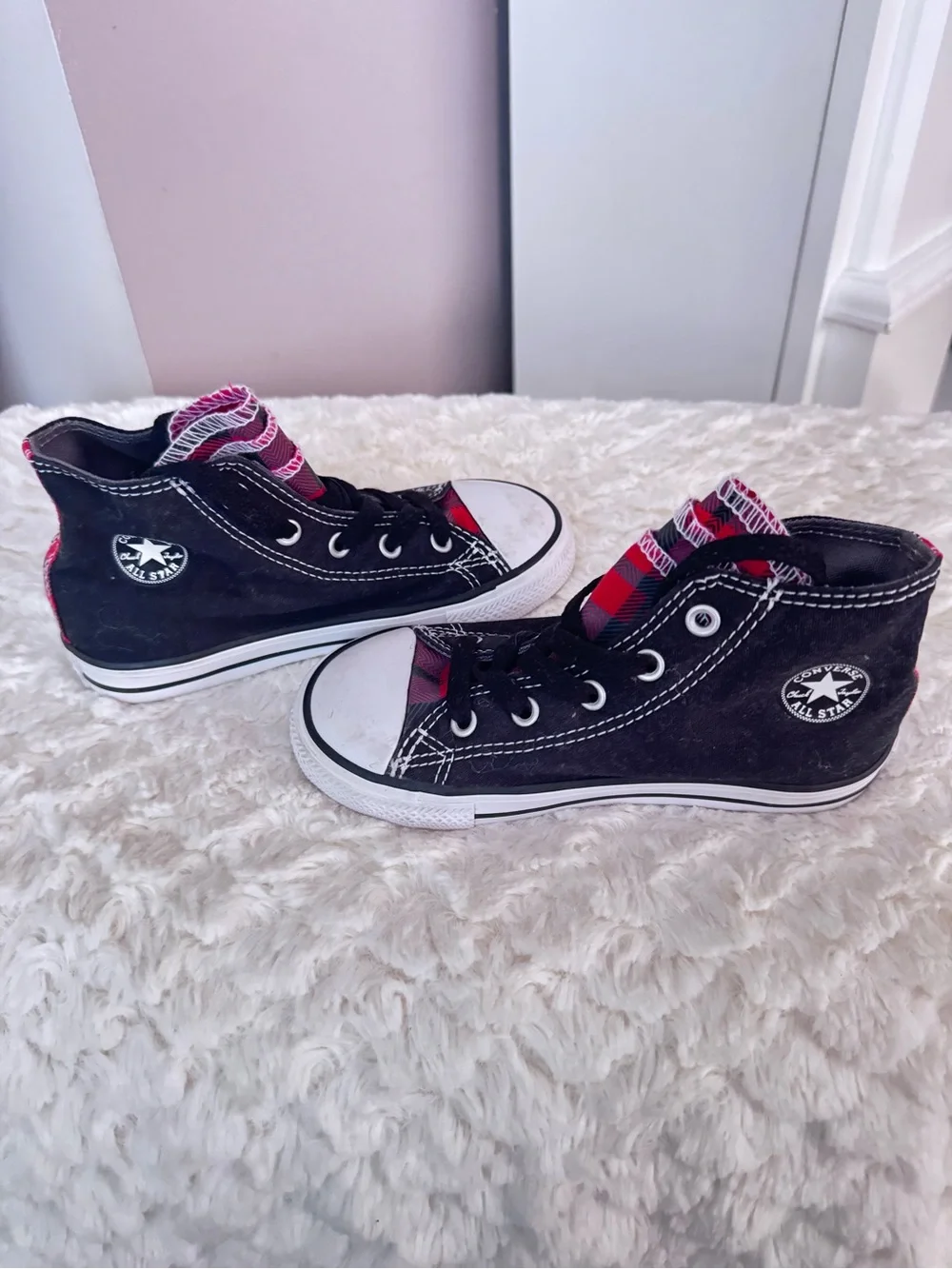 Converse All Star Kids Black Canvas High-Top Sneakers with Plaid Lining